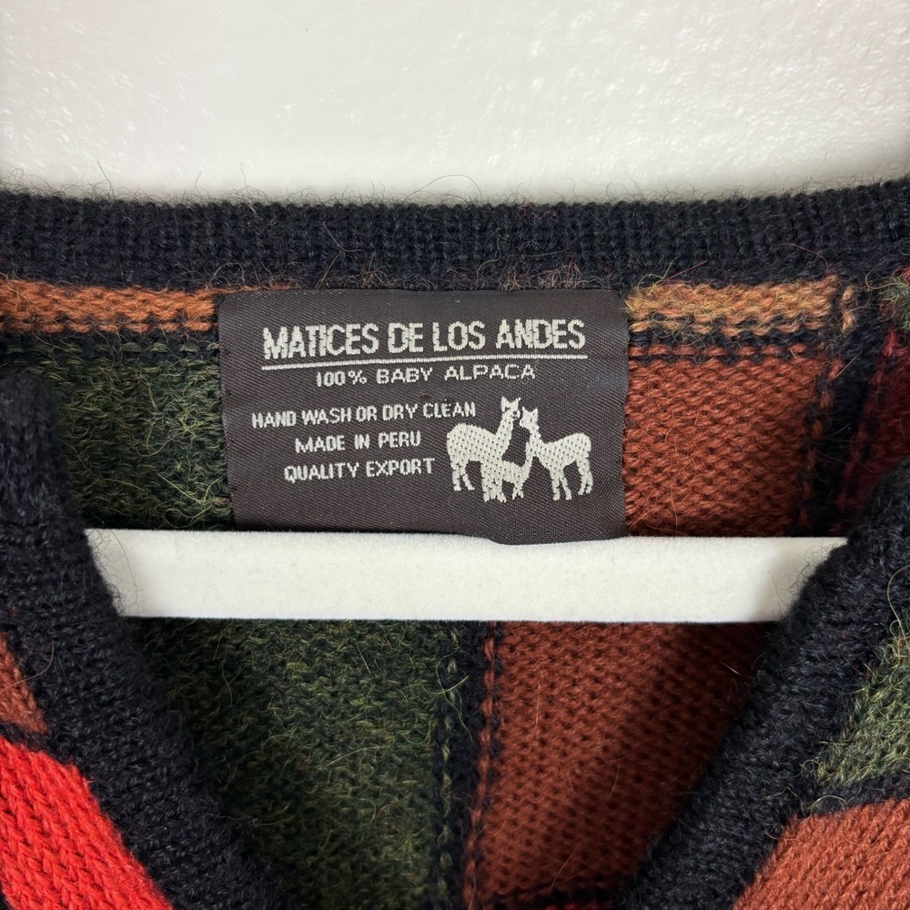 Matices De Los Andes Colorblock Sweater 100% Baby Alpaca Orange & Green V-Neck - Picture 2 of 7